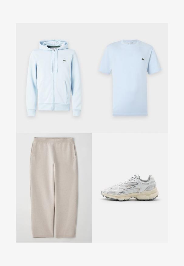 Haut zippé bleu clair en mélange de coton, comportant une poche kangourou, des poignets côtelés et un petit logo vert sur la partie gauche de la poitrine.; T-shirt à manches courtes bleu clair en coton doux. Présente un petit logo de crocodile brodé en vert sur la poitrine.; Pantalons de jogging beiges en tissu doux, avec une large taille élastique, des poches latérales et des jambes fuselées pour un ajustement décontracté.; Baskets de sport blanches avec des accents gris, tige en maille et synthétique, design à lacets et semelle en caoutchouc texturée avec motifs de traction.
