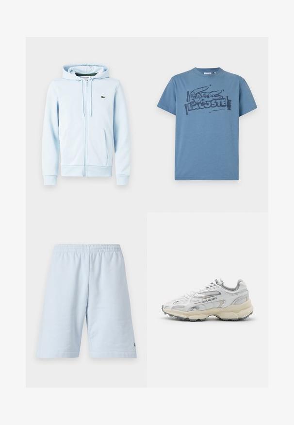 Sudadera con cremallera de color azul claro en una mezcla de algodón, con un bolsillo tipo canguro, puños acanalados y un pequeño logo verde en la zona del lado izquierdo del pecho.; Camiseta de algodón azul con un logo de cocodrilo impreso en negro y el texto "LACOSTE". Cuello redondo, mangas cortas, corte relajado.; Pantalones cortos de algodón azul claro con cinturilla elástica. Presenta un diseño simple y sólido con dobladillo abierto. Acento del logo en el dobladillo inferior.; Zapatillas deportivas blancas con detalles en gris, parte superior de malla y sintético, diseño de cordones, y suela de goma texturizada con patrones de tracción.