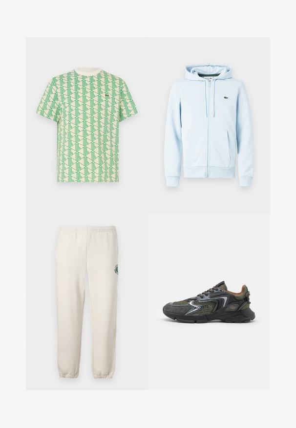 Sudadera con cremallera de color azul claro en una mezcla de algodón, con un bolsillo tipo canguro, puños acanalados y un pequeño logo verde en la zona del lado izquierdo del pecho.; Camiseta de algodón con un patrón geométrico verde en todo el tejido sobre un fondo crema, con cuello redondo y mangas cortas.; Pantalones de chándal de color beige claro, hechos de algodón, con una cinturilla elástica, puños acanalados y un logo verde con diseño de hoja en la pierna izquierda.; Zapatillas deportivas con parte superior de material mixto en verde oscuro, gris y negro. Presentan paneles de malla, una suela texturizada y un collar acolchado.