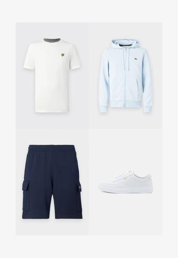 Lys blå zip-up hoodie i bomuldsblanding, med en kengurulomme, ribbede manchetter og et lille grønt logo på venstre brystområde.; Hvid bomulds-T-shirt med rund hals, korte ærmer og grå halskant; har en lille gul broderet logo på brystet.; Marineblå cargoshorts lavet af blødt stof, med elastisk taljebånd, to sidelommer og et lille logo på venstre lomme.; Hvide lædersneakers med glat tekstur, rund tå og ton-i-ton syning. Har blå snørebånd og et gult logo på siden.