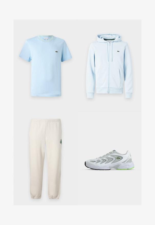 Hellblaues Zip-Hoodie aus Baumwollmischung, mit Kängurutasche, gerippten Bündchen und einem kleinen grünen Logo auf der linken Brust.; Hellblaues Baumwoll-T-Shirt mit kurzen Ärmeln, einem Rundhalsausschnitt mit einem grün-weißen gestreiften Rand und einem kleinen gestickten Logo auf der Brust.; Helle beige Sweatpants aus Baumwolle mit einem elastischen Bund, gerippten Bündchen und einem grünen Logo mit Blattdesign am linken Bein.; Weißer und grauer Sportschuh mit grünen Akzenten und Logo, Mesh-Einsätzen und einer dicken, gepolsterten Sohle, seitlich auf einfachem Hintergrund dargestellt.