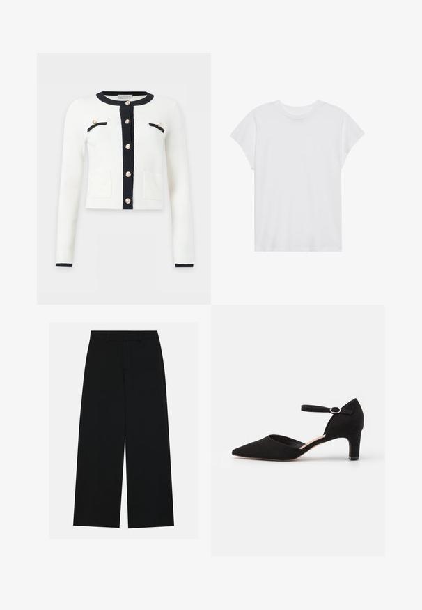 Hvid cardigan med lange ærmer og sort kant rundt om hals, knapstolpe, lommer og guldknapper foran samt på brystlommerne.; Hvid kortærmet t-shirt med rund hals, afslappet pasform, lavet af blødt bomuldsstof. Glat tekstur, ingen mønstre eller logoer.; Breddebenede sorte bukser lavet af et glat stof. Har en flad talje med bæltestropper og ingen synlige lommer. Simpelt design.; Sort ruskinds pumps med spids tå, ankelrem med cirkulær spænde og en lav blokhæl. Glat tekstur og minimalistisk design.