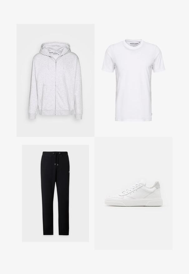 Hoodie zippé gris clair en tissu doux. Il présente une fermeture éclair à l'avant, deux poches latérales et une capuche avec cordon de serrage ajustable.; T-shirt blanc à manches courtes en coton, avec un col rond et un design simple. Étiquette de marque visible au niveau du cou. Aucun motif ni accent.; Pantalon de jogging noir à cordon avec taille et poignets élastiques, présenté sur fond gris clair.; Des baskets en cuir blanc avec une finition lisse, un bout rond, des lacets plats et une semelle texturée. Accents en daim gris au niveau du talon.