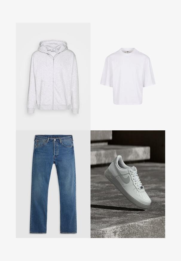 Lichtgrijze zip-up hoodie van zacht materiaal. Beschikt over een voorrits, twee zijzakken en een verstelbare trekkoordkap.; Witte, kortekorte t-shirt met een ronde hals en een ontspannen pasvorm, gemaakt van een zachte katoenmix. Geen patronen of versieringen.; Blauwe rechte denim jeans met vijf zakken, riemlussen en een sluiting met een knoop en ritssluiting aan de voorkant, op een effen achtergrond.; Witte Nike Air Force 1 sneaker zwevend boven een geribbelde betonnen ondergrond met stenen traptreden op de achtergrond.