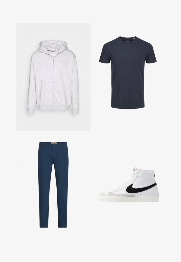 Lichtgrijze zip-up hoodie van zacht materiaal. Beschikt over een voorrits, twee zijzakken en een verstelbare trekkoordkap.; Navyblauwe t-shirt met korte mouwen, gemaakt van katoen, met een ronde halslijn en een rechte zoom. Eenvoudig, effen ontwerp zonder extra patronen of accenten.; Marineblauwe slim-fit herenbroek met riemlussen, sluiting met knoop aan de voorkant en zijzakken, tentoongesteld tegen een witte achtergrond.; Witte hoge sneakers met een zwarte swoosh, textuur grijze neus en een vlakke witte zool. Kenmerkt zes veteropeningen en gestikte accenten.