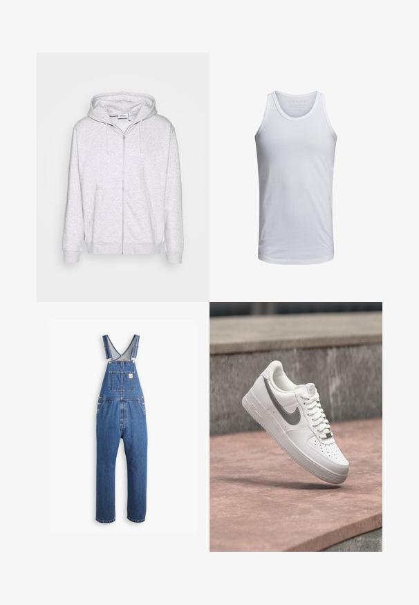 Lichtgrijze zip-up hoodie van zacht materiaal. Beschikt over een voorrits, twee zijzakken en een verstelbare trekkoordkap.; Witte katoenen tanktop met een ronde hals, brede schouderbanden en minimale branding binnen de kraag. Zachte textuur, casual pasvorm.; Denim tuinbroek in medium blauw, met verstelbare schouderbanden, een borstzak en metalen hardware. Het heeft een relaxte pasvorm en een recht model.; Witte Nike Air Force 1 sneaker met grijs swoosh-logo zwevend boven een stenen oppervlak en een grijze stenen muur op de achtergrond.