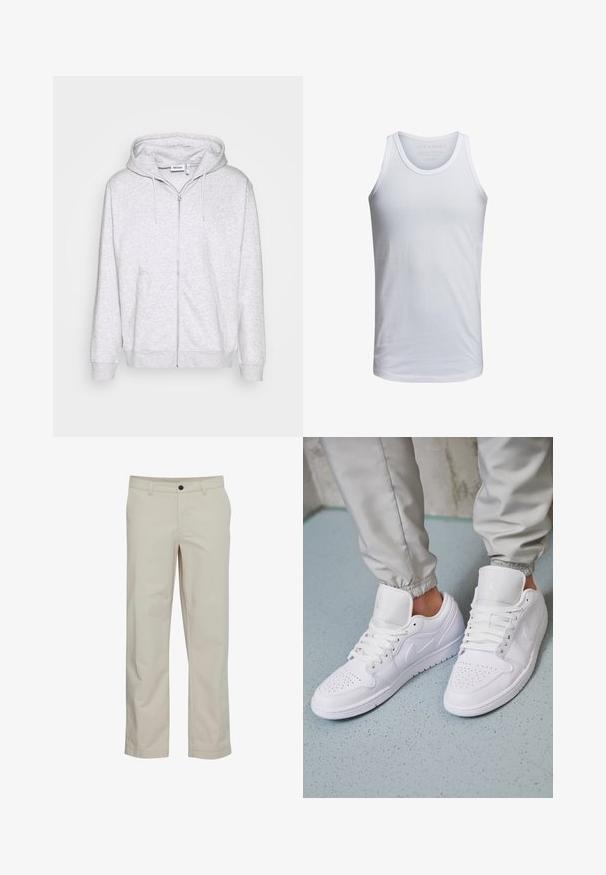 Sudadera de cremallera gris claro hecha de tela suave. Cuenta con una cremallera frontal, dos bolsillos laterales y una capucha ajustable con cordón.; Top de tirantes de algodón blanco con cuello redondo, tirantes anchos y un logo minimalista impreso dentro del cuello. Textura suave, ajuste casual.; Pantalones de algodón beige con diseño de pierna recta, bolsillos delanteros y cierre de un solo botón. Textura suave y detalles mínimos de costuras.; Las zapatillas deportivas de cuero blanco cuentan con una caja de dedos perforada, cordones planos, un cuello acolchado y el logo de Jordan en la lengüeta. Las llevan puestas con pantalones joggers grises.