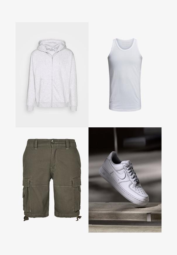 Heledhall hallikas kapuutsiga sviiter, mis on valmistatud pehmest kangast. Omab esitaskut, kahte küljetaskut ja reguleeritavat köiega kapuutsi.; Valge puuvillane tank top, millel on ümar kaelus, laiad õlapaelad ja minimaalne brändingu trükk krae sees. Pehme tekstuur, igapäevane istuvus.; Oliivrohelised cargo-lühikesed püksid, mis on valmistatud vastupidavast kangast, mitme külgmise tasku, vööde jaoks aasade ja õmblusdetailidega lisatekstuuri jaoks.; Valge nahast Nike Air Force 1 tennisejalanõu, millel on perforatsiooniga varvas, lamedad paelad ja tekstureeritud kummist tallaga, millel on küljele märgitud "AIR".