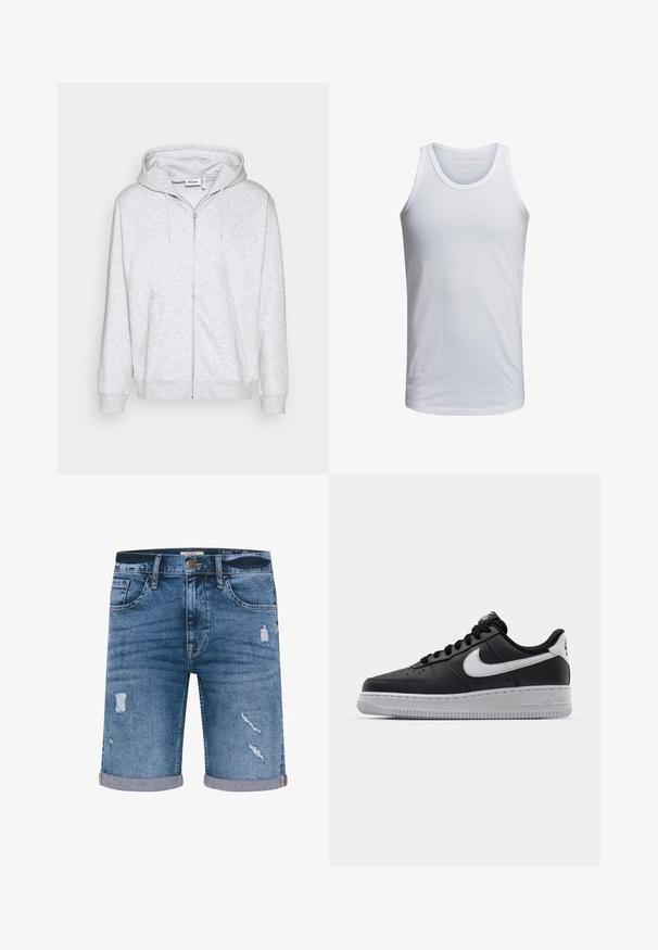 Hoodie zippé gris clair en tissu doux. Il présente une fermeture éclair à l'avant, deux poches latérales et une capuche avec cordon de serrage ajustable.; Débardeur en coton blanc avec un col rond, des bretelles larges et un marquage minimal imprimé à l'intérieur du col. Texture douce, coupe décontractée.; Shorts en denim de couleur bleu moyen avec des détails déchirés, des ourlets retroussés, cinq poches et une fermeture à bouton en métal. Coupe standard.; Baskets en cuir noir avec surface texturée, swoosh Nike blanc, semelle grise, bout rond et design à lacets. Comprend des perforations sur la boîte à orteils.