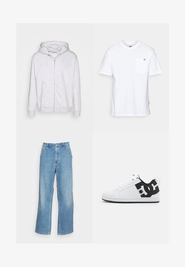 Lys grå zip-up sweatshirt lavet af blødt stof. Har en frontlynlås, to sidelommer og en justerbar snor i hætten.; Hvid bomulds t-shirt med rund halsudskæring, korte ærmer og en brystlomme med et lille mærke-logo på venstre side.; Lyseblå bred ben jeans lavet af denim. Har en høj talje, knaplukning og standard fem-lomme design. Glat tekstur.; Hvide atletiske sko med en glat syntetisk overdel, der har sorte logo-detaljer og en gummisål. Snørebåndsdesign, med afrundet tåform.