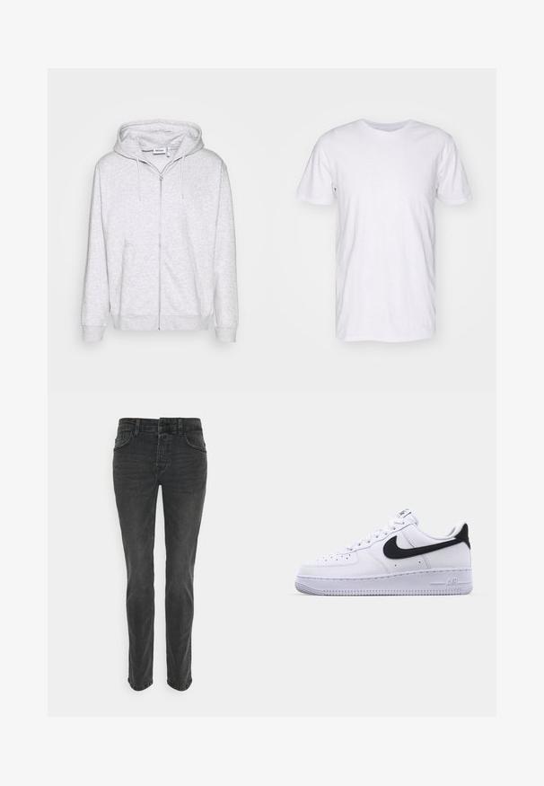 Hoodie zippé gris clair en tissu doux. Il présente une fermeture éclair à l'avant, deux poches latérales et une capuche avec cordon de serrage ajustable.; Selected SLHASPEN SLUB TEE - T-shirt basique - bright white; Jeans en denim noir avec une coupe droite, cinq poches et des coutures discrètes. Le tissu a une finition lisse et légèrement texturée.; Sneaker en cuir blanc avec un Swoosh noir texturé, des lacets plats et une semelle en caoutchouc avec un motif strié. "AIR" est embossé sur le talon.
