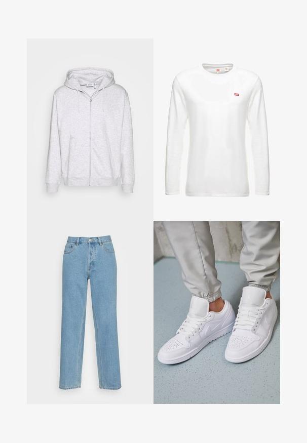 Hellgraue Zip-Hoodie aus weichem Stoff. Verfügt über einen Frontreißverschluss, zwei seitliche Taschen und eine verstellbare Kordelzugkapuze.; Weißes Langarm-T-Shirt aus Baumwolle mit Rundhalsausschnitt und kleinem roten Levi's-Logo auf der Brust. Schlichtes, klassisches Design.; Helle blaue gerade geschnittene Jeans aus Denim mit einem klassischen Fünf-Taschen-Design, einem vorderen Knopfverschluss und sichtbaren Nähdetails.; Weiße Ledersneaker mit perforierter Zehenbox, flachen Schnürsenkeln, gepolstertem Kragen und dem Jordan-Logo auf der Zunge. Getragen mit grauen Jogginghosen.