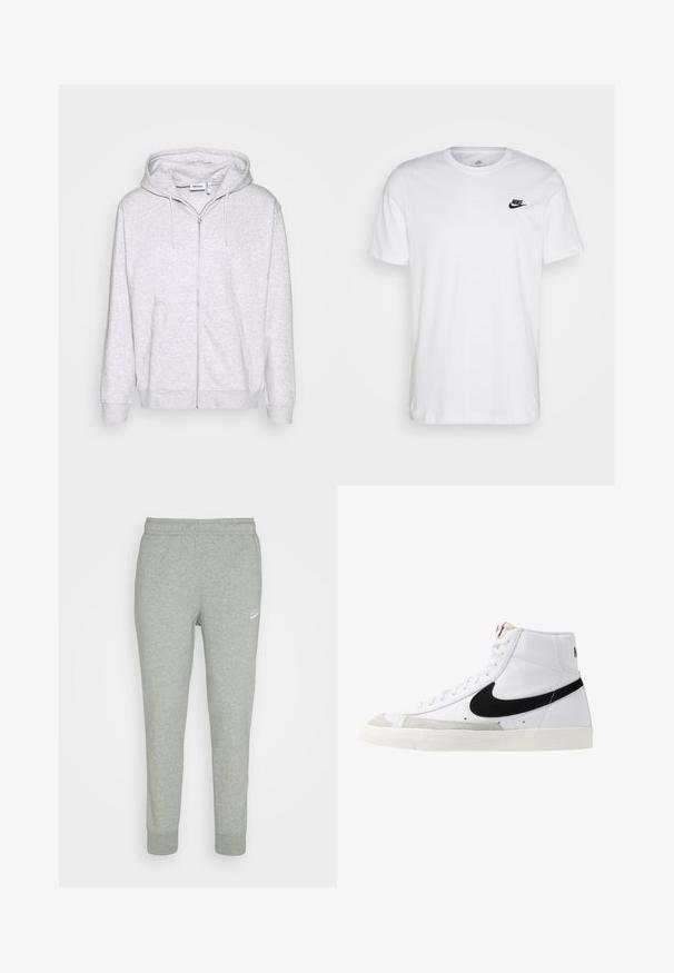 Hellgraue Zip-Hoodie aus weichem Stoff. Verfügt über einen Frontreißverschluss, zwei seitliche Taschen und eine verstellbare Kordelzugkapuze.; Weißes Baumwoll-T-Shirt mit Rundhalsausschnitt, kurzen Ärmeln und einem schwarzen Nike-Logo auf der linken Brust. Einfaches, einfarbiges Design.; Graue Sweatpants aus weichem Stoff, mit schmal zulaufendem Bein, elastischem Bund und kleinem weißen Nike-Logo am linken Oberschenkel.; Weiße High-Top-Sneaker mit einem schwarzen Swoosh, strukturiertem grauen Zehenkappeneinsatz und flacher weißer Sohle. Verfügt über sechs Ösen und genähte Akzente.