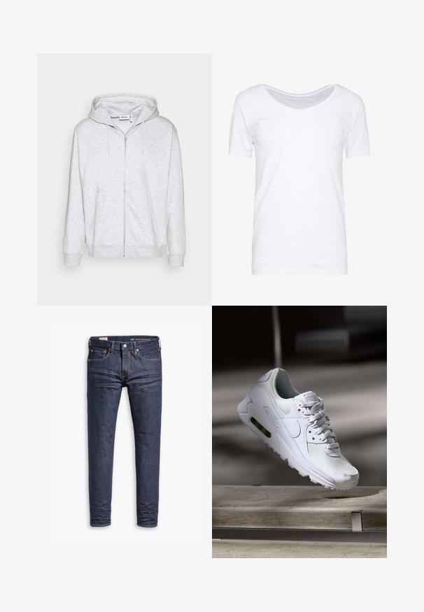 Lys grå zip-up sweatshirt lavet af blødt stof. Har en frontlynlås, to sidelommer og en justerbar snor i hætten.; Hvid kortærmet t-shirt, rund udskæring, blød tekstur, afslappet pasform, lavet af letvægtsstof med en let strækning. Uden mønstre eller detaljer.; Mørkeblå slim-fit Levi's Performance jeans med fem lommer og synlig syning på hvid baggrund.; Hvide Nike Air Max 90 sneakers med en overdel i mesh og læder, perforeret tåboks og en synlig luftenhed i hælen.