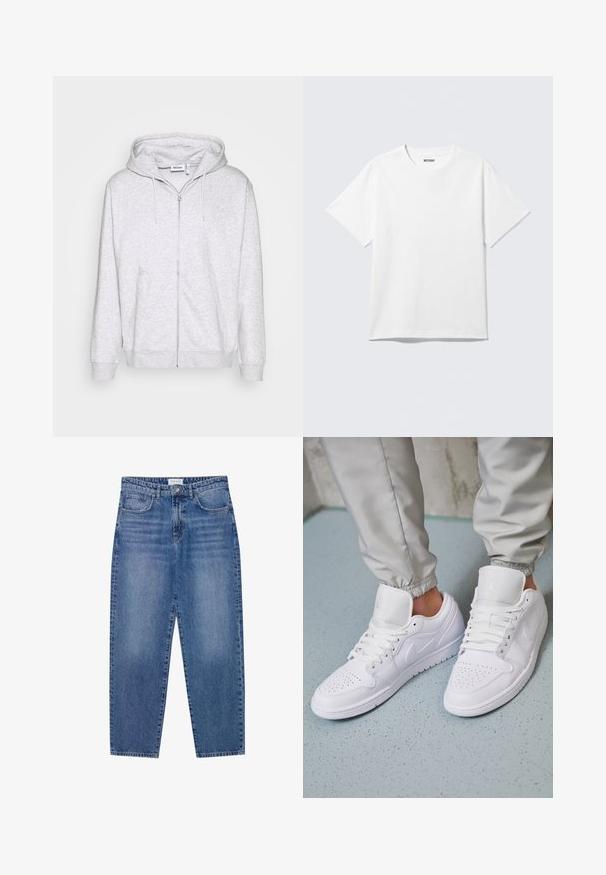 Lys grå zip-up sweatshirt lavet af blødt stof. Har en frontlynlås, to sidelommer og en justerbar snor i hætten.; Hvid kortærmet crewneck T-shirt lagt fladt ud, ensfarvet design, med "WEEKDAY" mærkat inde i kraven på en lys baggrund.; Blå denim jeans med høj talje, lige ben design og slidte finish. Har fem lommer og en knaplukning.; Hvide lædersneakers har en perforeret tåboks, flade snørebånd, polstret krave og Jordan-logoet på tungen. Båret med grå joggers.