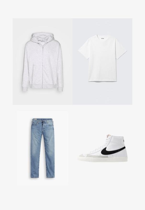Lichtgrijze zip-up hoodie van zacht materiaal. Beschikt over een voorrits, twee zijzakken en een verstelbare trekkoordkap.; Witte T-shirt met korte mouwen en ronde hals, plat gelegd, effen ontwerp, met een "WEEKDAY" label in de kraag op een lichte achtergrond.; Lichtblauwe spijkerbroek met een rechte snit. Beschikt over een knopenfly, vijf zakken en een licht vervaagde textuur.; Witte hoge sneakers met een zwarte swoosh, textuur grijze neus en een vlakke witte zool. Kenmerkt zes veteropeningen en gestikte accenten.