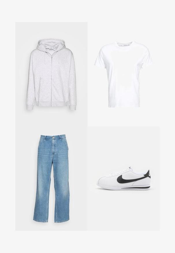 Hellgraue Zip-Hoodie aus weichem Stoff. Verfügt über einen Frontreißverschluss, zwei seitliche Taschen und eine verstellbare Kordelzugkapuze.; Weißes Baumwoll-T-Shirt mit rundem Ausschnitt und kurzen Ärmeln, im klassischen Schnitt und mit glatter Textur. Keine sichtbaren Muster oder Hardware.; Helle blaue weit geschnittene Jeans aus Denim. Mit hoher Taille, Knopfverschluss und klassischem Five-Pocket-Design. Glatte Textur.; Weiße Ledersneaker mit schwarzem Nike-Swoosh, flachen Schnürsenkeln und strukturiertem Gummisohlen. Abgerundete Zehenpartie und gepolsterter Kragen für zusätzlichen Komfort.