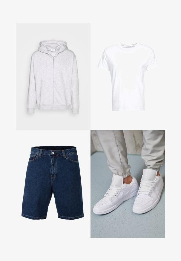 Lichtgrijze zip-up hoodie van zacht materiaal. Beschikt over een voorrits, twee zijzakken en een verstelbare trekkoordkap.; Witte katoenen t-shirt met een ronde hals en korte mouwen, in een klassiek model met een gladde textuur. Geen patronen of hardware zichtbaar.; Denim shorts in donkerblauw met een rechte snit, reguliere tailleband en metalen knoopsluiting; heeft contrasterende gele stiksels en zoom.; Witte leren sneakers met een geperforeerde neus, platte veters, een gepolsterde kraag en het Jordan-logo op de tong. Gediend met grijze joggers.