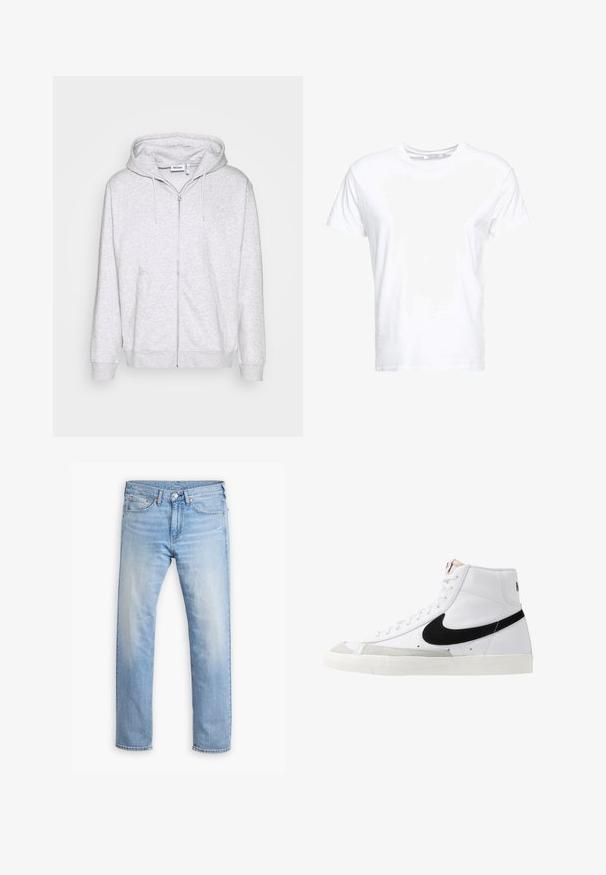 Lichtgrijze zip-up hoodie van zacht materiaal. Beschikt over een voorrits, twee zijzakken en een verstelbare trekkoordkap.; Witte katoenen t-shirt met een ronde hals en korte mouwen, in een klassiek model met een gladde textuur. Geen patronen of hardware zichtbaar.; Lichtblauwe denim jeans met een rechte pijp, vijf zakken en een knoopsluiting. Kenmerkt zich door subtiele vervaging en oranje stikselaccenten.; Witte hoge sneakers met een zwarte swoosh, textuur grijze neus en een vlakke witte zool. Kenmerkt zes veteropeningen en gestikte accenten.