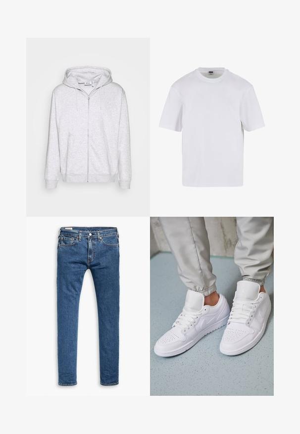 Hoodie zippé gris clair en tissu doux. Il présente une fermeture éclair à l'avant, deux poches latérales et une capuche avec cordon de serrage ajustable.; T-shirt blanc à manches courtes en coton. Il présente un col rond et une coupe décontractée. Texture lisse, design minimaliste, sans motifs ni accents.; Jeans slim fit en denim bleu avec cinq poches, bouton avant et passants de ceinture, présentés à plat sur un fond blanc.; Des baskets en cuir blanc présentent une zone de perforation à l'avant, des lacets plats, un col rembourré et le logo Jordan sur la languette. Portées avec un pantalon de jogging gris.