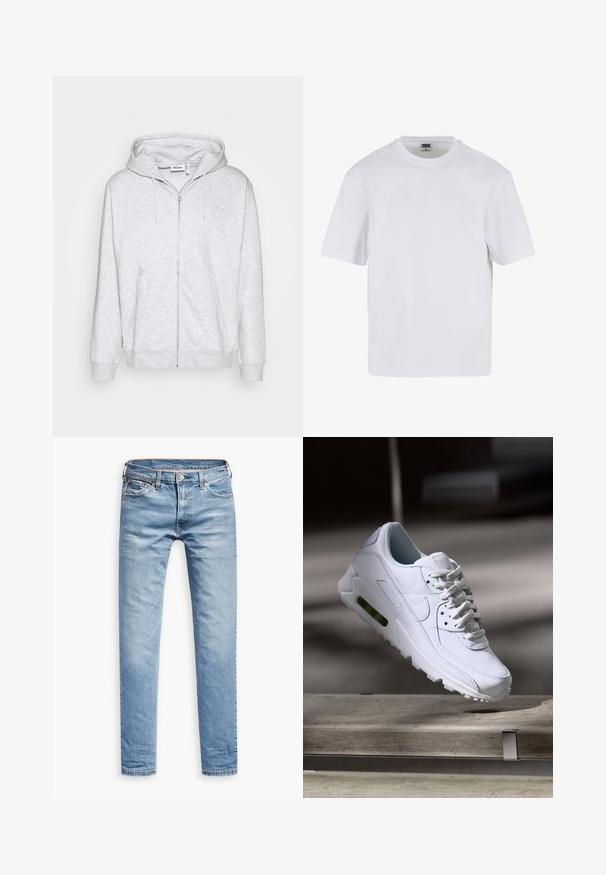 Lys grå zip-up sweatshirt lavet af blødt stof. Har en frontlynlås, to sidelommer og en justerbar snor i hætten.; Hvid kortærmet t-shirt lavet af bomuld. Har en rund halsudskæring og en afslappet pasform. Glat tekstur, minimalistisk design, ingen mønstre eller accenter.; Lyseblå denimbukser, lige pasform, fem-lomme design, med lynlås og knaplukning. Glat tekstur med subtile falmede detaljer.; Hvide lædersneakers med teksturerede overflader, polstret krave og synlig luftpolstring i sålen. Har snørrebånd og et minimalistisk design.