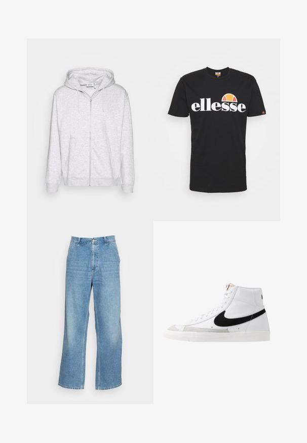 Lichtgrijze zip-up hoodie van zacht materiaal. Beschikt over een voorrits, twee zijzakken en een verstelbare trekkoordkap.; Zwarte katoenen t-shirt met een groot wit "ellesse" logo en een oranje en gele zonembleem boven de tekst. Korte mouwen, reguliere pasvorm.; Lichtblauwe wijde jeans gemaakt van denim. Heeft een hoge taille, knoopsluiting en een standaard vijf-pocket ontwerp. Gladde textuur.; Witte hoge sneakers met een zwarte swoosh, textuur grijze neus en een vlakke witte zool. Kenmerkt zes veteropeningen en gestikte accenten.