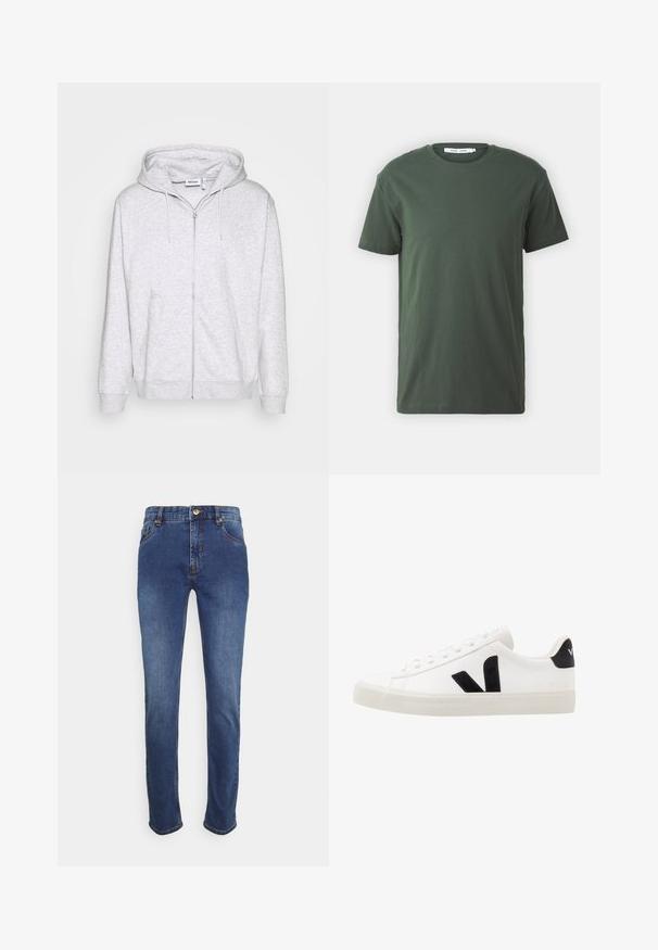 Lichtgrijze zip-up hoodie van zacht materiaal. Beschikt over een voorrits, twee zijzakken en een verstelbare trekkoordkap.; Donker groene katoenen t-shirt, korte mouwen, ronde hals, relaxte pasvorm, eenvoudige stijl en een gladde textuur zonder zichtbare patronen of accenten.; Donkerblauwe denim jeans met een klassieke rechte snit, vijf zakken, een gouden knoopsluiting en subtiele stiksels langs de naden.; Witte leren sneaker met zwarte suède accenten; voorzien van een rubberen zool, ronde neus en een klassieke vetersluiting. Zijkant met logo in het zwart.