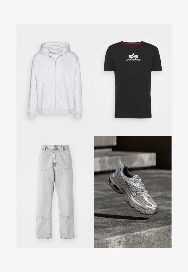 Sudadera de cremallera gris claro hecha de tela suave. Cuenta con una cremallera frontal, dos bolsillos laterales y una capucha ajustable con cordón.; Camiseta de algodón negra con mangas cortas, cuello redondo y un logotipo blanco con el texto "ALPHA INDUSTRIES". Detalle rojo en el cuello.; Pantalones de mezclilla gris claro con un corte holgado, que presentan grandes bolsillos laterales, costuras visibles y un diseño de pierna recta. Pasadores para cinturón en la cintura.; Zapatilla de correr Nike en plata y gris suspendida en el aire sobre escalones de hormigón, mostrando detalles de la parte superior de malla y la suela acolchada.