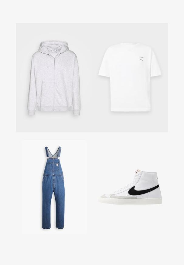 Lys grå zip-up sweatshirt lavet af blødt stof. Har en frontlynlås, to sidelommer og en justerbar snor i hætten.; Hvid bomulds t-shirt med en afslappet pasform, korte ærmer og V-udskæring. Har to små sorte trykte logoer på venstre side.; Denim overalls i mellemblå, med justerbare stropper, en frontlomme og metalbeslag, i en afslappet pasform og lige ben-design.; Hvide høje sneakers med et sort swoosh, struktureret grå tåhætte og flad hvid sål. Har seks snørrehuller og syede detaljer.