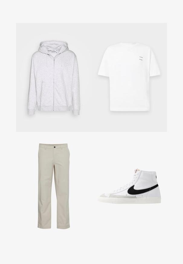 Lys grå zip-up sweatshirt lavet af blødt stof. Har en frontlynlås, to sidelommer og en justerbar snor i hætten.; Hvid bomulds t-shirt med en afslappet pasform, korte ærmer og V-udskæring. Har to små sorte trykte logoer på venstre side.; Beige bomuldsbukser med lige ben, frontlommer og enkelt knaplukning. Glat tekstur og minimale syningsdetaljer.; Hvide høje sneakers med et sort swoosh, struktureret grå tåhætte og flad hvid sål. Har seks snørrehuller og syede detaljer.
