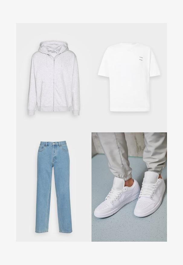 Hellgraue Zip-Hoodie aus weichem Stoff. Verfügt über einen Frontreißverschluss, zwei seitliche Taschen und eine verstellbare Kordelzugkapuze.; Weißes Baumwoll-T-Shirt mit lässiger Passform, kurzen Ärmeln und V-Ausschnitt. Verfügt über zwei kleine schwarze gedruckte Logos auf der linken Seite.; Helle blaue gerade geschnittene Jeans aus Denim mit einem klassischen Fünf-Taschen-Design, einem vorderen Knopfverschluss und sichtbaren Nähdetails.; Weiße Ledersneaker mit perforierter Zehenbox, flachen Schnürsenkeln, gepolstertem Kragen und dem Jordan-Logo auf der Zunge. Getragen mit grauen Jogginghosen.