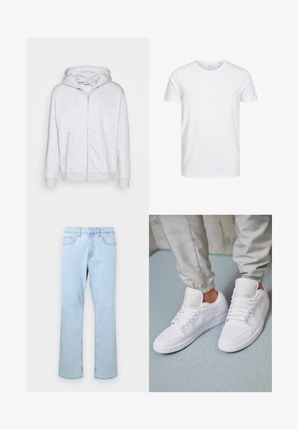 Lys grå zip-up sweatshirt lavet af blødt stof. Har en frontlynlås, to sidelommer og en justerbar snor i hætten.; Rundhals kortærmet t-shirt i ensfarvet hvid, lavet af blød bomuld, har et simpelt design uden synlige mønstre eller detaljer.; Lysblå denimjeans med lige ben, der har forlommer, en enkelt sølvknap og stikninger langs sømmene.; Hvide lædersneakers har en perforeret tåboks, flade snørebånd, polstret krave og Jordan-logoet på tungen. Båret med grå joggers.
