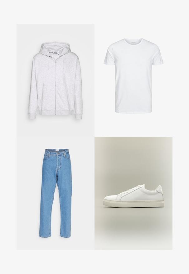 Lys grå zip-up sweatshirt lavet af blødt stof. Har en frontlynlås, to sidelommer og en justerbar snor i hætten.; Rundhals kortærmet t-shirt i ensfarvet hvid, lavet af blød bomuld, har et simpelt design uden synlige mønstre eller detaljer.; Lyseblå højtaljede lige ben jeans med knap foran, lynlåslukning, bæltestropper og fem-lomme design på hvid baggrund.; Hvid lavtop sneaker med snørebånd foran og tyk sål, vist fra siden mod en neutral baggrund.