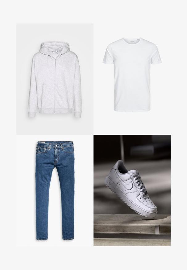 Lichtgrijze zip-up hoodie van zacht materiaal. Beschikt over een voorrits, twee zijzakken en een verstelbare trekkoordkap.; Ronde hals kortemouwen t-shirt in effen wit, gemaakt van zachte katoen, heeft een eenvoudig ontwerp zonder zichtbare patronen of accenten.; Blauwe slim-fit denim jeans met vijf zakken, een knoop aan de voorkant en riemlussen, plat weergegeven op een witte achtergrond.; Witte Nike Air Force 1 sneaker van leer met geperforeerde neus, platte veters en een gestructureerde rubberen zool met "AIR"-logo aan de zijkant.