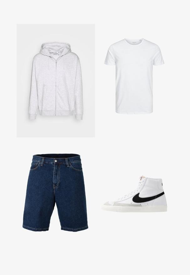 Hellgraue Zip-Hoodie aus weichem Stoff. Verfügt über einen Frontreißverschluss, zwei seitliche Taschen und eine verstellbare Kordelzugkapuze.; Rundhals-T-Shirt mit kurzen Ärmeln in reinem Weiß, aus weicher Baumwolle, mit einem schlichten Design ohne sichtbare Muster oder Akzente.; Dunkelblaue Denim-Shorts mit geradem Schnitt, normalem Bund und Metallknopfverschluss; mit kontrastierendem gelbem Nähen und Saum.; Weiße High-Top-Sneaker mit einem schwarzen Swoosh, strukturiertem grauen Zehenkappeneinsatz und flacher weißer Sohle. Verfügt über sechs Ösen und genähte Akzente.