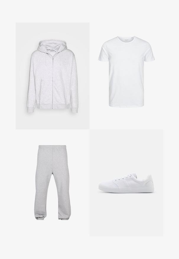 Hoodie zippé gris clair en tissu doux. Il présente une fermeture éclair à l'avant, deux poches latérales et une capuche avec cordon de serrage ajustable.; T-shirt à col rond à manches courtes de couleur blanche unie, fabriqué en coton doux, avec un design simple sans motifs ni accents visibles.; Pantalon de jogging en coton gris clair avec taille élastique et poignets aux chevilles, présenté à plat sur fond blanc.; Baskets en toile blanches avec une semelle en caoutchouc, dotées de six œillets, d'un embout texturé et d'un design minimaliste.