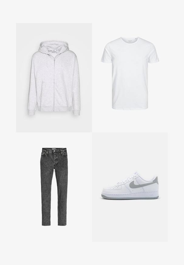 Hellgraue Zip-Hoodie aus weichem Stoff. Verfügt über einen Frontreißverschluss, zwei seitliche Taschen und eine verstellbare Kordelzugkapuze.; Rundhals-T-Shirt mit kurzen Ärmeln in reinem Weiß, aus weicher Baumwolle, mit einem schlichten Design ohne sichtbare Muster oder Akzente.; Jack & Jones Relaxed Fit JJICHRIS JJORIGINAL SQ 734 - Jeans Tapered Fit - black denim; Weiße Leder-Sneaker mit einem grauen Swoosh-Logo, perforierter Zehenpartie und gummierter, strukturierter Außensohle. Kurze Knöchelhöhe.
