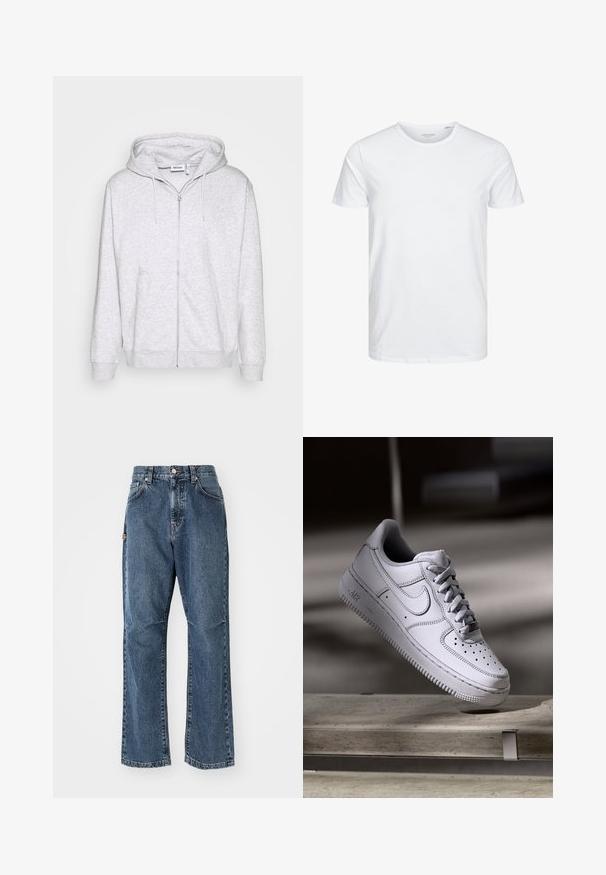 Lys grå zip-up sweatshirt lavet af blødt stof. Har en frontlynlås, to sidelommer og en justerbar snor i hætten.; Rundhals kortærmet t-shirt i ensfarvet hvid, lavet af blød bomuld, har et simpelt design uden synlige mønstre eller detaljer.; Blå denim jeans med høj talje, lige ben-design og forlommer. Har kontrastsyninger og skjult lukning med knap.; Hvid læder Nike Air Force 1 sneaker med perforeret tå, flade snørebånd og tekstureret gummisål med "AIR" branding på siden.