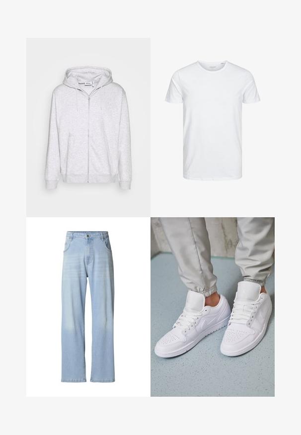 Hellgraue Zip-Hoodie aus weichem Stoff. Verfügt über einen Frontreißverschluss, zwei seitliche Taschen und eine verstellbare Kordelzugkapuze.; Rundhals-T-Shirt mit kurzen Ärmeln in reinem Weiß, aus weicher Baumwolle, mit einem schlichten Design ohne sichtbare Muster oder Akzente.; Hellblaue Jeans aus Denim mit geradem Bein, dezent ausgewaschen, fünf Taschen und einem Metallknopfverschluss am Bund.; Weiße Ledersneaker mit perforierter Zehenbox, flachen Schnürsenkeln, gepolstertem Kragen und dem Jordan-Logo auf der Zunge. Getragen mit grauen Jogginghosen.