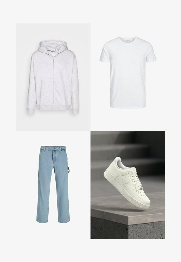 Lys grå zip-up sweatshirt lavet af blødt stof. Har en frontlynlås, to sidelommer og en justerbar snor i hætten.; Rundhals kortærmet t-shirt i ensfarvet hvid, lavet af blød bomuld, har et simpelt design uden synlige mønstre eller detaljer.; Lysblå denim cargo bukser med en afslappet pasform, der har sideløkker til tilkobling og frontlommer, og viser en falmet tekstur.; Hvid lædersneaker med lavprofildesign, tekstureret overflade, perforeringer på tåen og sølvfarvede detaljer på snørebånd og mærkning.