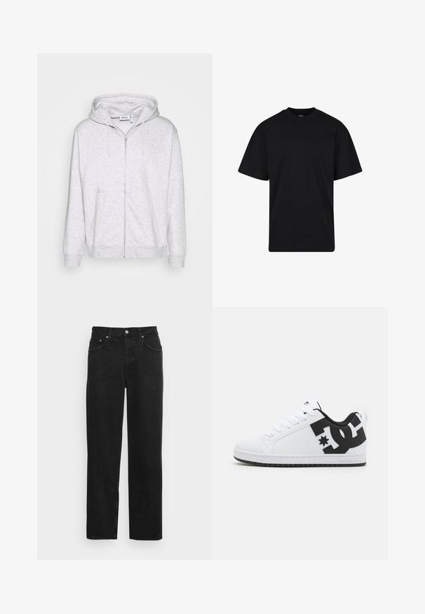 Lys grå zip-up sweatshirt lavet af blødt stof. Har en frontlynlås, to sidelommer og en justerbar snor i hætten.; Sort T-shirt med korte ærmer og rund hals, afslappet pasform, ensfarvet design uden synlige logoer eller mønstre.; Sorte denimjeans med lige ben, fem lommer og lukkes med metalknap, med en subtil tekstur. Ingen synlige mønstre eller detaljer.; Hvide atletiske sko med en glat syntetisk overdel, der har sorte logo-detaljer og en gummisål. Snørebåndsdesign, med afrundet tåform.