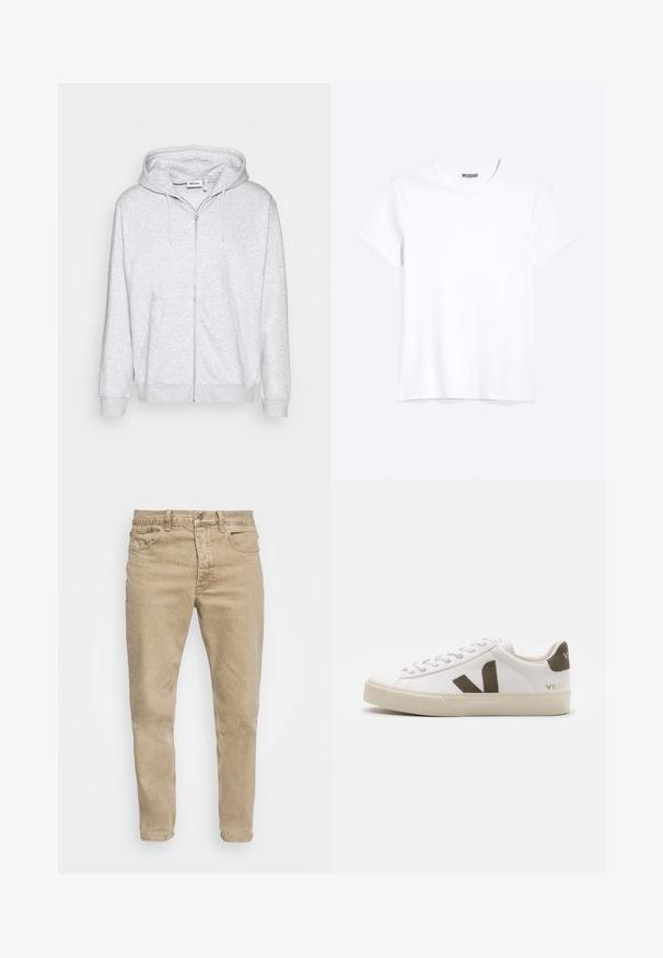 Hellgraue Zip-Hoodie aus weichem Stoff. Verfügt über einen Frontreißverschluss, zwei seitliche Taschen und eine verstellbare Kordelzugkapuze.; Schlichtes weißes T-Shirt mit kurzen Ärmeln und Rundhalsausschnitt mit gut sichtbarem WEEKDAY-Label am Kragen, dargestellt auf hellem Hintergrund.; Beige Jeans aus Denim mit klassischem Schnitt, Fünf-Taschen-Design und dezentem Verblassen. Mit metallischem Knopf und Reißverschluss.; Weiße Leder-Sneaker mit einer hellbeigen Gummisohle. Mit braunem Wildleder-V-Logo und Fersenlasche. Schnürverschluss mit texturierter Oberfläche.