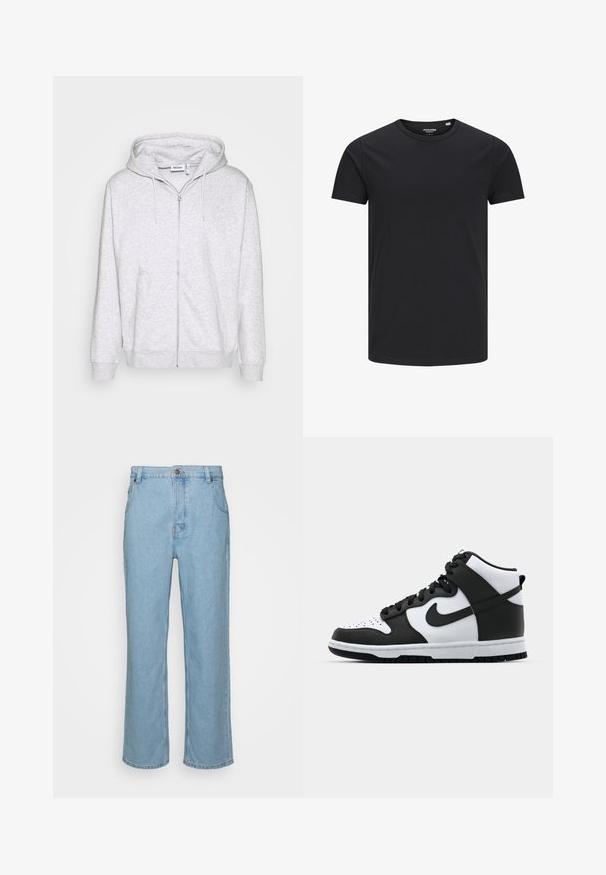 Lys grå zip-up sweatshirt lavet af blødt stof. Har en frontlynlås, to sidelommer og en justerbar snor i hætten.; Sort bomulds T-shirt med rund hals, korte ærmer og et enkelt design. Glat tekstur, ingen mønstre eller synligt tilbehør.; Lysblå denim jeans med lige ben design, der har knaplukning, bæltestropper og to forlommer.; Sort og hvid høj-top sneakers med læderoverdel, perforeret tåboks, fremtrædende swoosh-logo og struktureret gummisål.