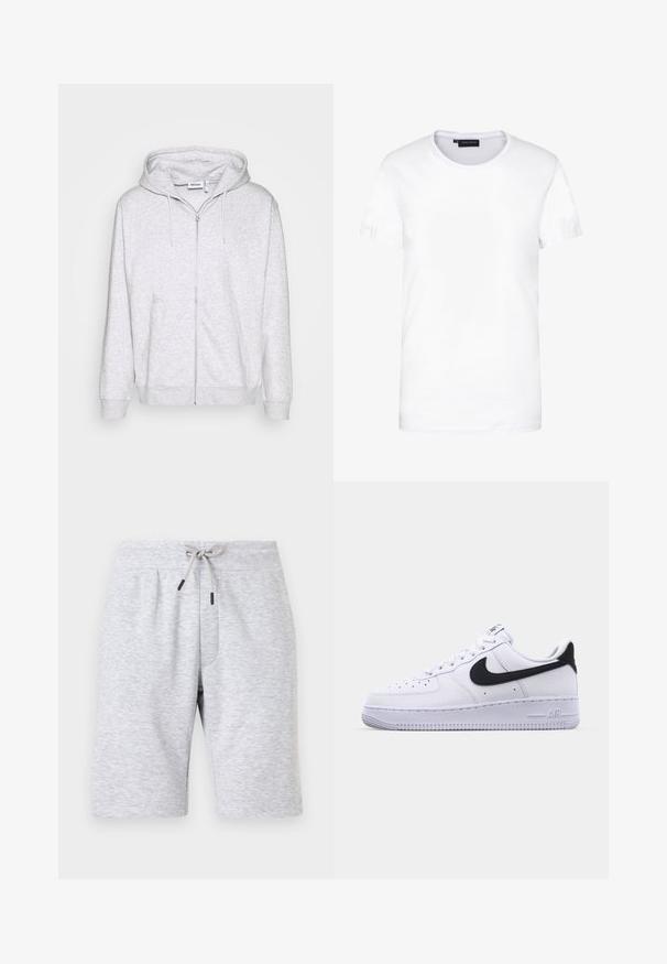 Hoodie zippé gris clair en tissu doux. Il présente une fermeture éclair à l'avant, deux poches latérales et une capuche avec cordon de serrage ajustable.; T-shirt en coton blanc, à manches courtes, col rond, design uni, texture douce, coupe droite, taille standard, sans motifs ni accents visibles.; Shorts en coton gris clair longueur genou avec ceinture élastique et cordon de serrage à l'avant noué en nœud, présenté de face sur un fond uni.; Sneaker en cuir blanc avec un Swoosh noir texturé, des lacets plats et une semelle en caoutchouc avec un motif strié. "AIR" est embossé sur le talon.