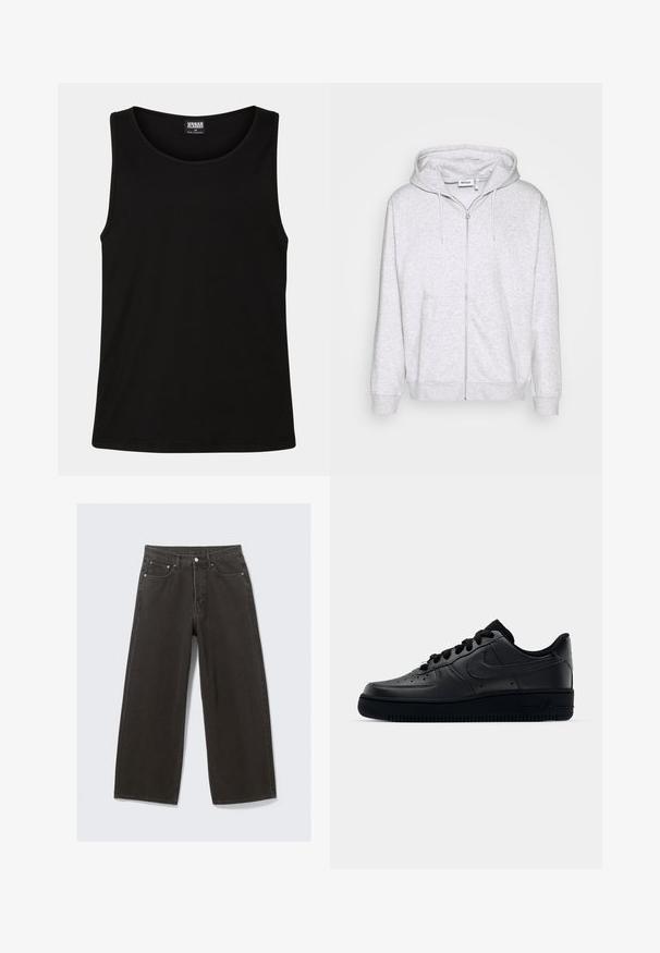 Lichtgrijze zip-up hoodie van zacht materiaal. Beschikt over een voorrits, twee zijzakken en een verstelbare trekkoordkap.; Zwarte tanktop gemaakt van zachte katoenstof. Beschikt over een ronde halslijn en ruime armsgaten, zonder zichtbare patronen of accenten.; Wijdbenige zwarte denim jeans hebben een hoge taille, vijf zakken en een knoopsluiting. De stof heeft een zachte, gestructureerde afwerking.; Zwarte Nike Air Force 1 sneaker met een gladde leren bovenkant, geperforeerde neus voor ademend vermogen, zwarte veters en een getextureerde rubberen zool.