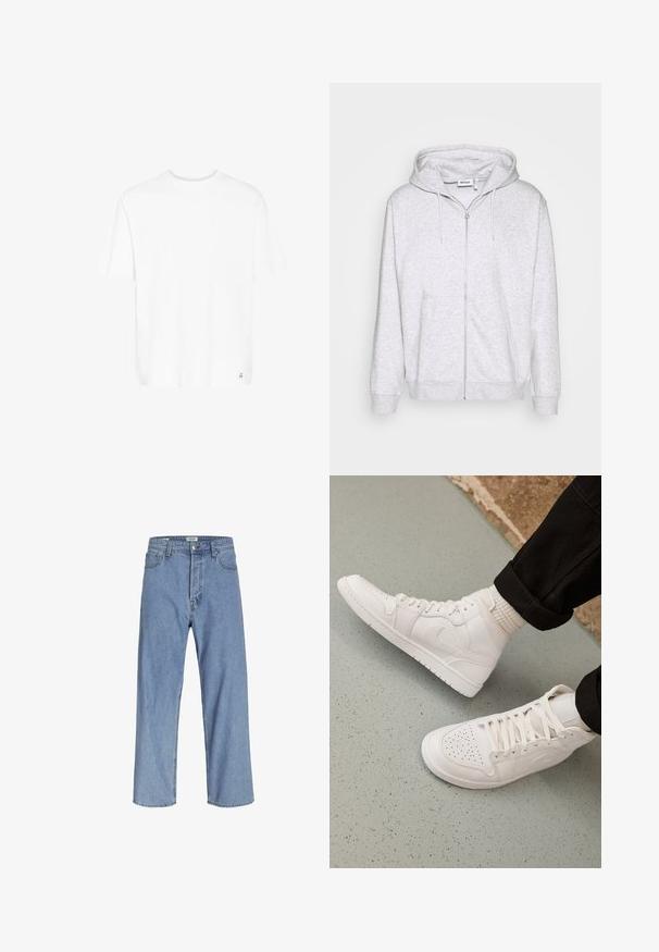 Lys grå zip-up sweatshirt lavet af blødt stof. Har en frontlynlås, to sidelommer og en justerbar snor i hætten.; Hvid t-shirt med korte ærmer i blød bomuldsblanding. Har en rund hals og et diskret logo ved bunden af kanten. Lige snit og afslappet pasform.; Lyseblå denimjeans med en afslappet pasform, der har høj talje, vide ben og fem lomme-design. Stoffet har en blød tekstur.; Hvide høj-top sneakers lavet af glat læder med perforeret tå, snørelukning og subtil logo detaljer på siden. Tekstureret gummisål.