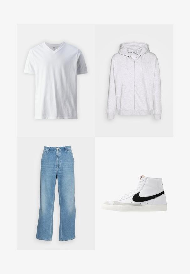 Hoodie zippé gris clair en tissu doux. Il présente une fermeture éclair à l'avant, deux poches latérales et une capuche avec cordon de serrage ajustable.; T-shirt blanc à manches courtes et décolleté en V en coton. Présente un design sobre avec une texture lisse et une coupe décontractée.; Jean large en denim bleu clair. Dispose d'une taille haute, d'une fermeture à bouton et d'un design classique à cinq poches. Texture lisse.; Baskets montantes blanches avec un swoosh noir, un capuchon de pied texturé gris et une semelle plate blanche. Elles possèdent six œillets et des accents cousus.