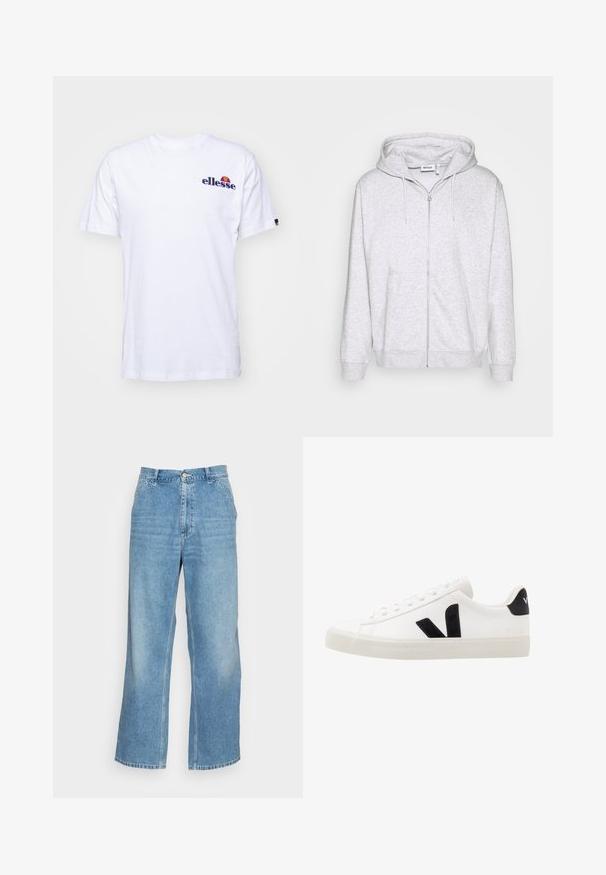 Hellgraue Zip-Hoodie aus weichem Stoff. Verfügt über einen Frontreißverschluss, zwei seitliche Taschen und eine verstellbare Kordelzugkapuze.; Weißes Baumwoll-T-Shirt mit kurzen Ärmeln, das ein marineblaues gesticktes Logo auf der linken Brust und einen lebhaften Farbakzent über dem Logo präsentiert.; Helle blaue weit geschnittene Jeans aus Denim. Mit hoher Taille, Knopfverschluss und klassischem Five-Pocket-Design. Glatte Textur.; Weiße Leder-Sneaker mit schwarzen Wildlederelementen; verfügen über eine Gummisohle, eine runde Spitze und ein klassisches Schnürdesign. Seitliches Logo in Schwarz.