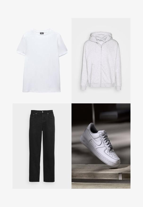 Lys grå zip-up sweatshirt lavet af blødt stof. Har en frontlynlås, to sidelommer og en justerbar snor i hætten.; Simpel hvid t-shirt med korte ærmer og rund halsudskæring med en sort Pull&Bear mærkat indeni kraven, vist på en hvid baggrund.; Sorte denimjeans med lige ben, fem lommer og lukkes med metalknap, med en subtil tekstur. Ingen synlige mønstre eller detaljer.; Hvid læder Nike Air Force 1 sneaker med perforeret tå, flade snørebånd og tekstureret gummisål med "AIR" branding på siden.