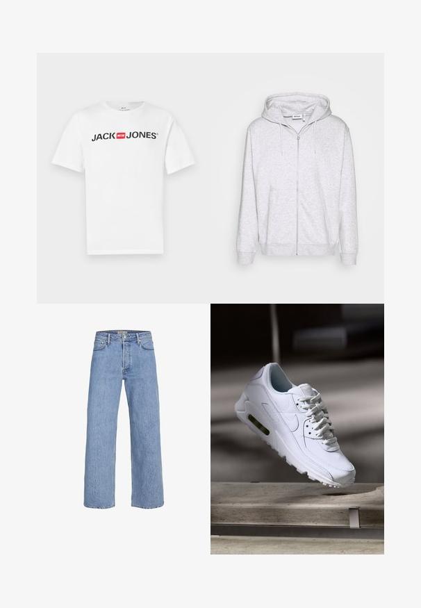 Lichtgrijze zip-up hoodie van zacht materiaal. Beschikt over een voorrits, twee zijzakken en een verstelbare trekkoordkap.; Witte katoenen T-shirt met een groot zwart "JACK & JONES" logo en een rode doosaccent. Korte mouwen en een klassiek ronde halsontwerp.; Lichtblauwe denim wijde jeans met een hoge taille, vijf-pocketontwerp en subtiele stikdetails. Glad textuur en rechte pijpen.; Witte leren sneaker met gestructureerde oppervlakken, gevoerde kraag en zichtbare luchtbescherming in de zool. Heeft veters en een minimalistisch ontwerp.